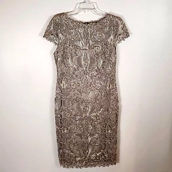 Tadashi Shoji Illusion Yoke Sheath Dress Size 10 Lace Gold Cap Sleeve Knee Lengt