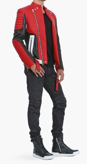 Designer Leather Jacket Men Red Pure Lambskin Biker Size S M L XL XXL Custom Fit 2