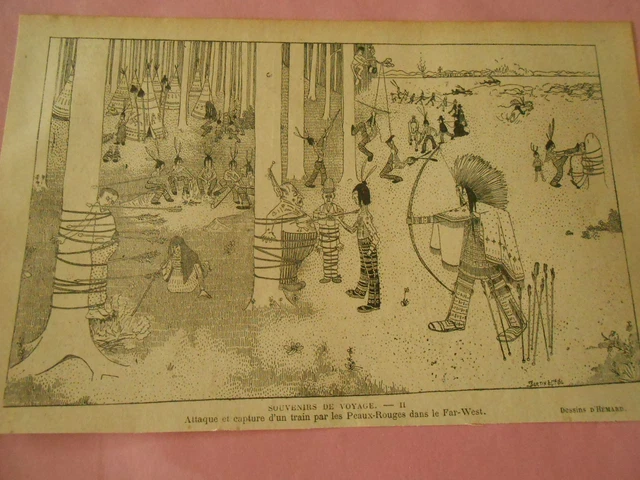 Attaque et capture d'un train par les peaux rouges Far West Humour Print 1905