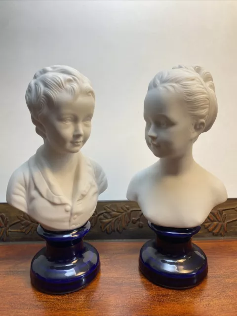 Limoges Porcelain Bisque Busts Girl & Boy Early 20th Century France, Pair 7.5”