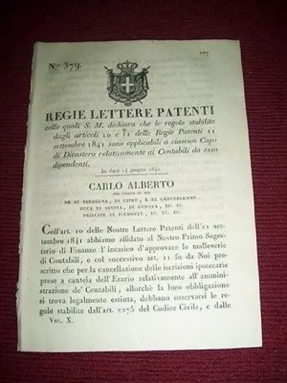 Regno Sardegna Torino Regie Lettere Patenti Contabili Capo di Dicastero 1842