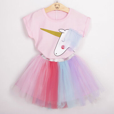 New 2Pcs Tutu Skirt Pink Top Unicorn Girls Outfit Set Occasion Party Kids Clothe