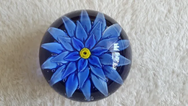 Large Vintage Art Glass Paperweight. Round with Blue flower