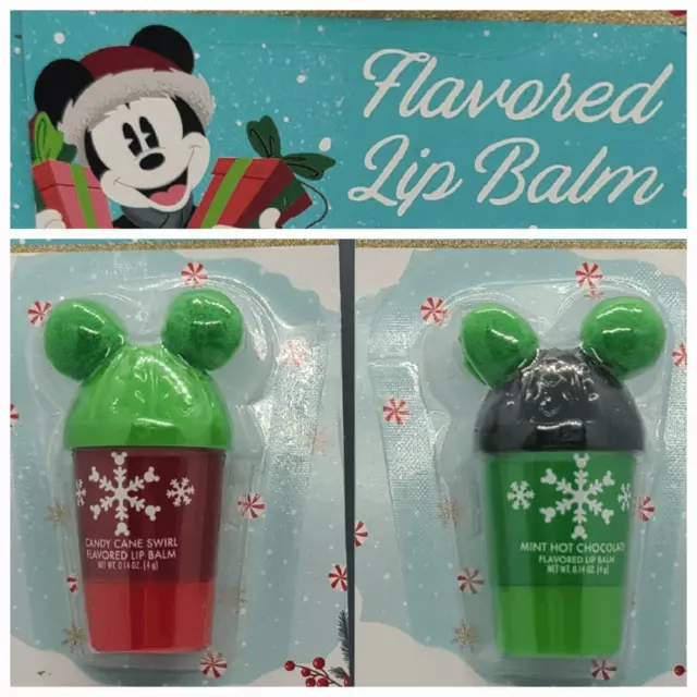 Disney Mickey Mouse Ears Set/2 Christmas Flavored Lip Balms Cocoa Candy Cane