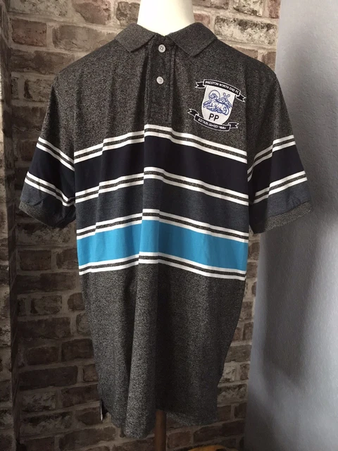 Preston North End FC graues Poloshirt blau & weiß gestreift Design Clubabzeichen groß