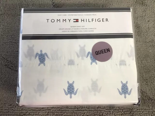 New Tommy Hilfiger Queen Sheet Set White /Blue Sea Turtles Easy Care Cotton