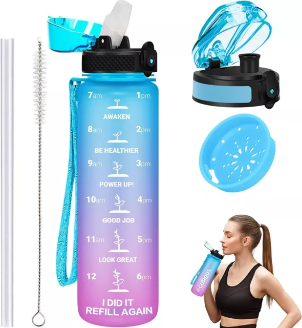 GOPPUS 1L/32oz Water Bottle with Time, Motivational Sports Drink Bottle, Leak