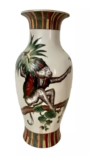 Chinese Monkeys Porcelain Vase 3D Enamel Decor Gold Trim 14" Vintage