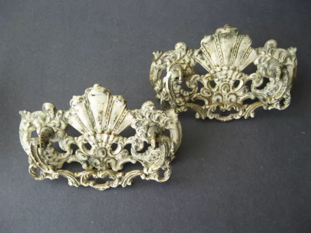 Pair Fancy Antique Brass Drawer Pulls - Shabby Chic White Paint - 3-1/2" OC (A7)