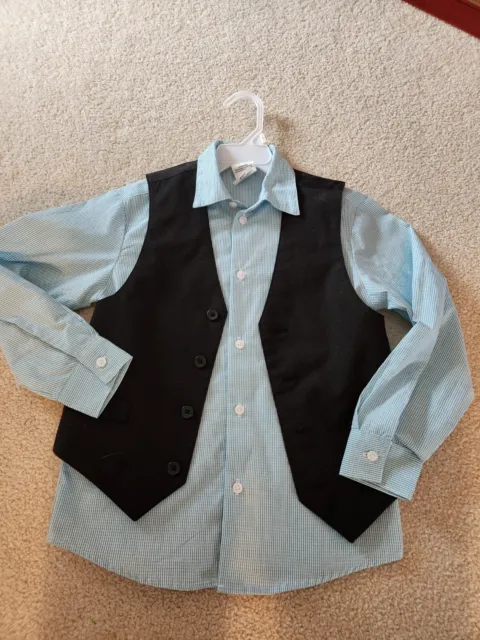 Boys Van Heusen White/Blue Dress Shirt and Black Vest Combo, Boys Size 7
