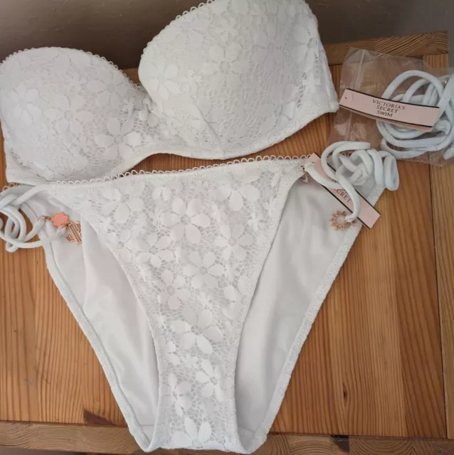 Victoria's Secret Teeny Bikini bandeau 32c M set White Tie Side Tassels Lace