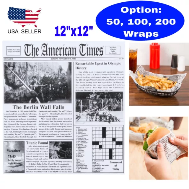 Newspaper Print Deli Sandwich Wrap Paper Sheets Basket Liner 12x12"