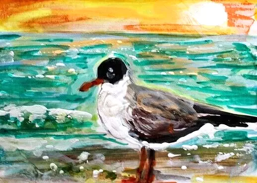 ORIGINAL ACEO Painting Laughing Sea GULL Beach Waves OCEAN BIRD Summer Shore ART