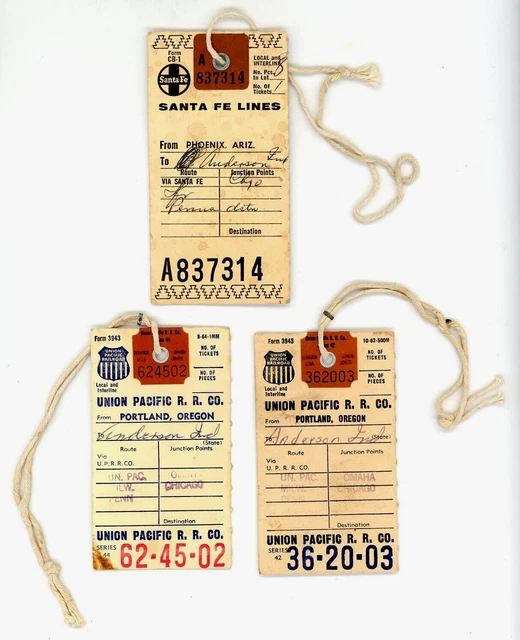 Vtg Railroad Baggage Claim Ticket Union Pacific Santa Fe Lines Anderson IN Lot 3