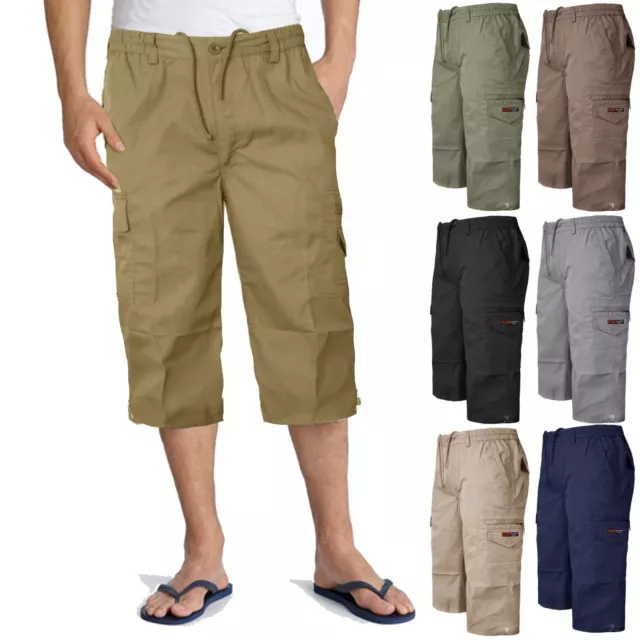 Mens 3/4 Shorts Cargo Combat Elasticated Waist Three Quarter Length Long Pants