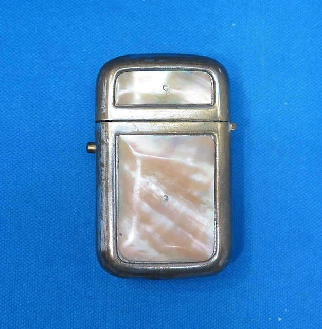 Match safe, mother-of-pearl panels, plated brass body, German, c. 1895, vesta Match safe, mother-of-pearl panels, plated brass body, German, c. 1895, vesta