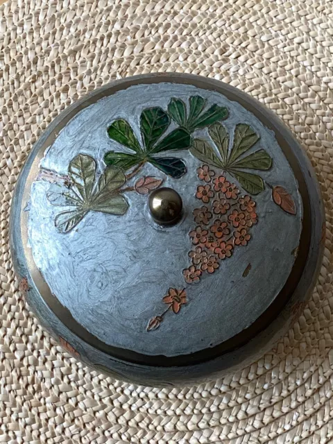 Vintage Cloisonne Emaille Dose mit Deckel  Deckeldose 18 cm Ø Messing Handgemalt