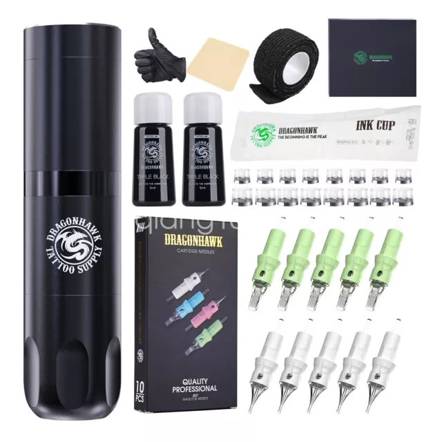 Dragonhawk Wireless Power Supply Tattoo Kit Set Motor Pen Ink Cartridge Needles