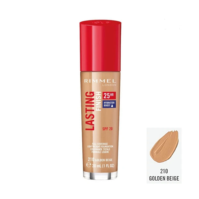Base líquida RIMMEL acabado duradero 25 horas cobertura completa 210 beige dorado 30 ml