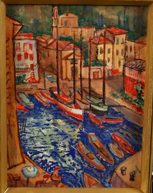 Gouache Aceite Pintura Antiguo Puerto Malcesine Gardsee Ciudad Expresivo