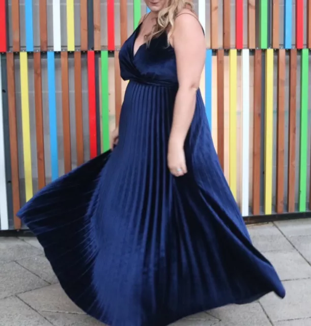 ASOS Tall Navy Blue Velvet Maxi Dress Size 18  Pleated Strappy Cut Out Back