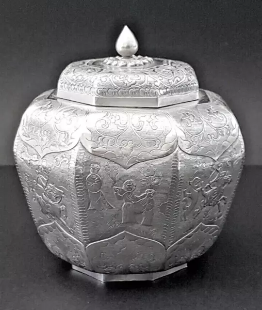 1900s Qing Dynasty 900 Silver Lidded “Ginger” Pot w Hunting & Family Scenes 250g