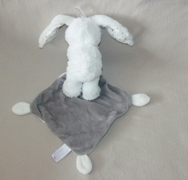 Pommette Doudou Lapin Blanc Mouchoir Blanc Gris Pois Bebe Neuf 2