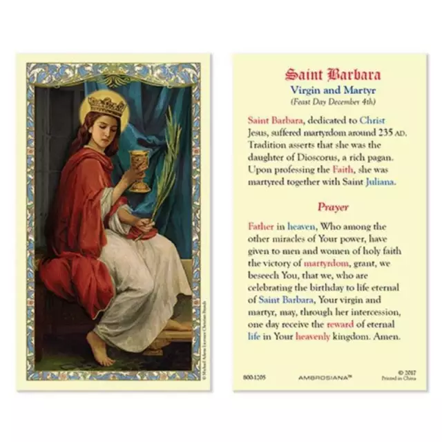 Saint St. Barbara Virgin & Martyr Laminated Holy Card with prayer to St. Barbara