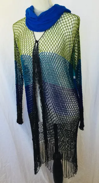 Chico's Duster Oasis  Cardigan Kimono One Size Beaded Black Green Blue Fringe