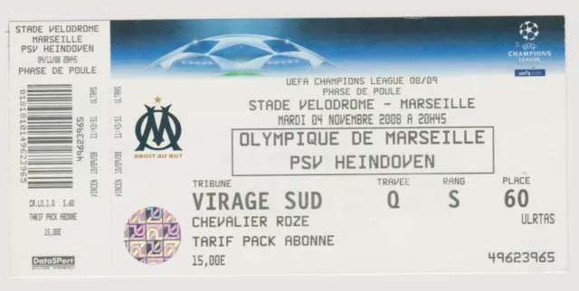 Match-ticket EC Ol. Marseille - PSV Eindhoven NL 04/11/2008 FREE SHIPPING