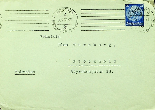 Deutschland 1939 WWII 25pf Auf München Hauptstadt Von Bewegung Cover Sich Sweden