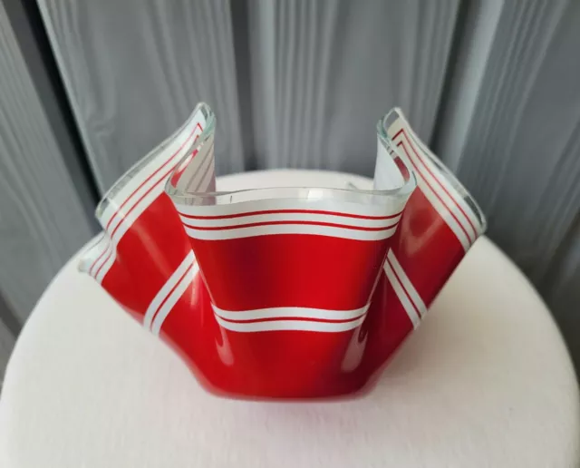 Vintage 1960s Red & White Chance Brothers Glass Handkerchief Bowl / Dish