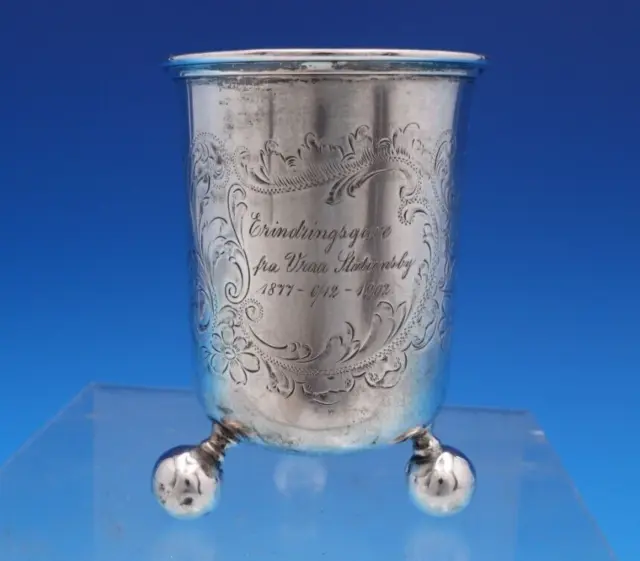Norwegian .830 Silver Cup Beaker w/Engraved Flowers Scrollwork Ball Feet (#7612)