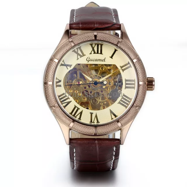 Mens Luxury Gold Tone Skeleton Dial Mechanical Watch Business Leather Wristwatch