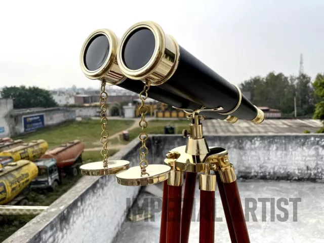 Telescopio binocular de cuero de latón antiguo de doble barril con soporte...