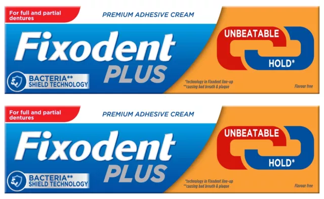 2 x Crema adhesiva dental Fixodent Plus 10X más fuerte con sujeción inmejorable, 40G