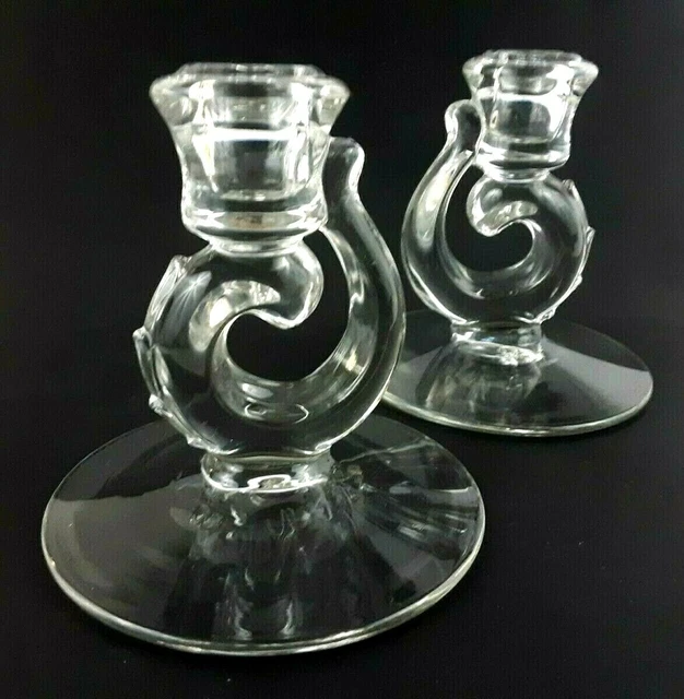 Two Clear Glass Dragon Tail Taper Candle Stick Holders Low 4.5 inch Tall