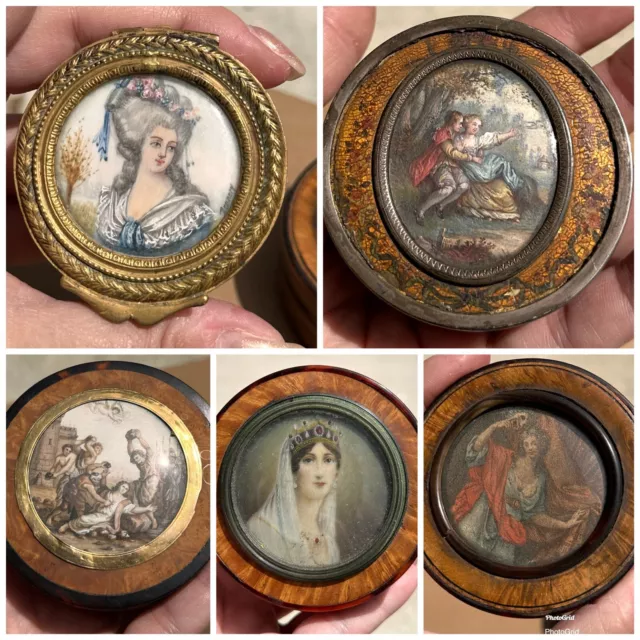 Antique Lot of (5) French 18th C. Portrait Miniature Gold Burl Snuff Patch Box