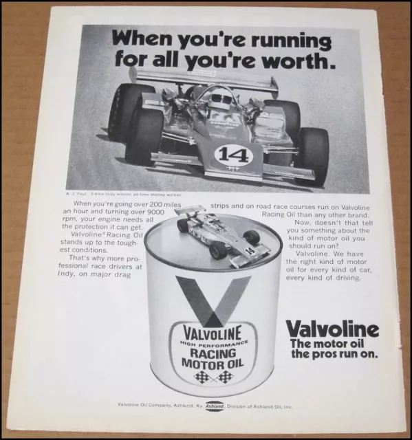 1973 A. J. Foyt Valvoline Motor Oil Print Ad Advertisement Vintage Nascar Racing