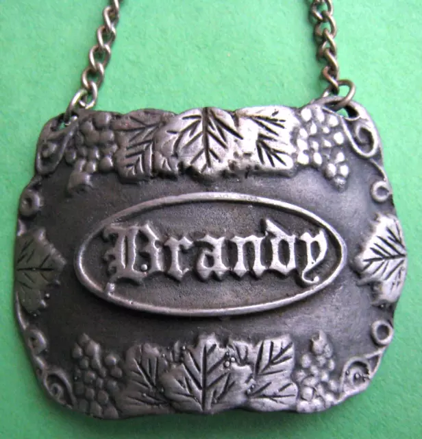 Vintage Bacchus Pewter USA Brandy Liguor Bottle Decanter Hanging Tag Label Chain