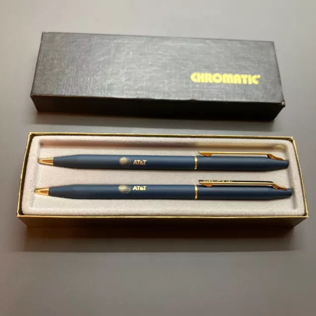 Vintage Chromatic Matte Blue Ballpoint Pen and Pencil Set - AT&T Logo