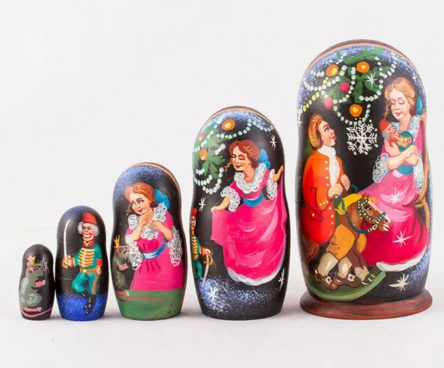 NUTCRACKER NESTING DOLLS SET, 5-pc Matryoshka, Russian Handmade, 7-inch