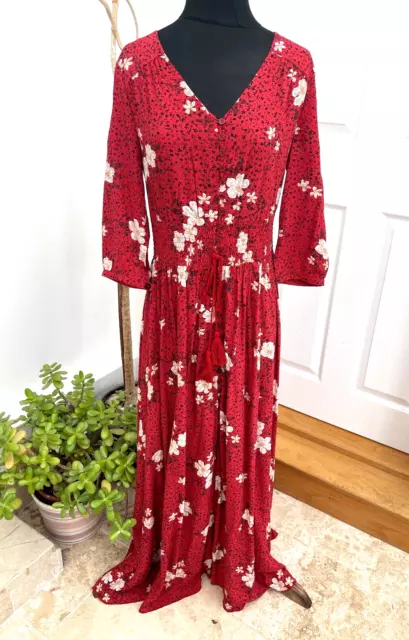 Joe Browns Maxi Dress Size 10 Red Floral Long Boho Tassel Tie Waist Women's