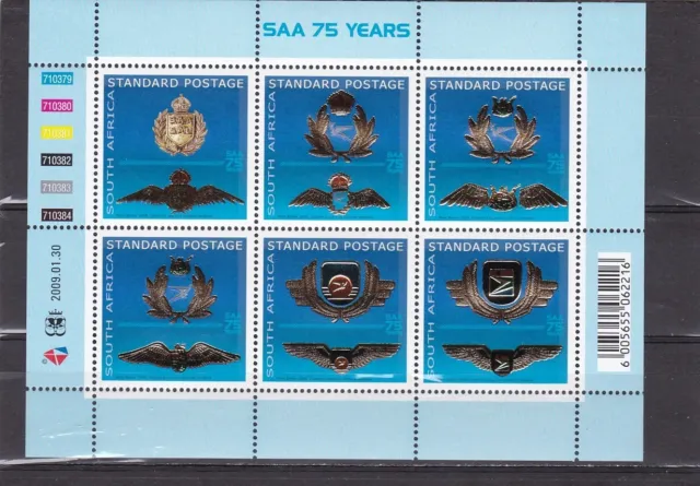 South africa mnh sheet 75th birthday airline, badges 2009