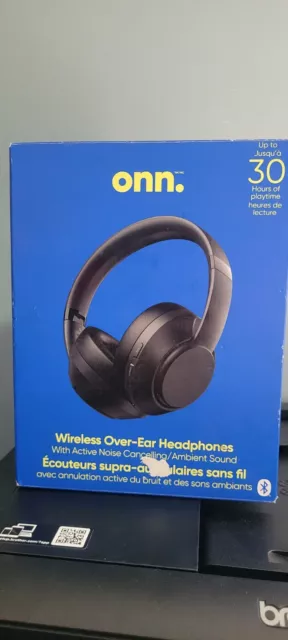 onn. Wireless Over-Ear Headphones with Active Noise Canceling, Black, 30 HRS
