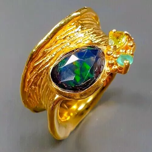 Schicker Designerring-Bandring 925er Silber-schw Opal-14ct Gold-RG:18 - 57