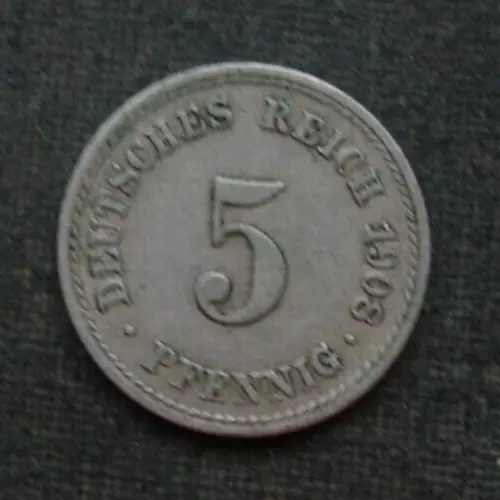 MZ) Deutsches Reich 5 Pfennig 1908 "F" DR Deutschland Germany Aléman Nemezko D