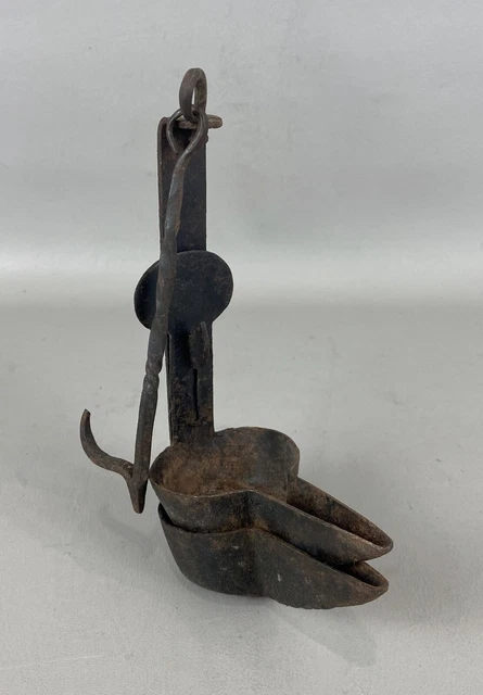 Antique Primitive Wrought Iron Hand Forged Hanging Double Betty Grease Lamp
