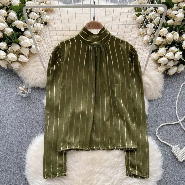 Elegant Gold Stripe Stand Collar Bow Knot Long Sleeves Shirt Loose Tops Womens