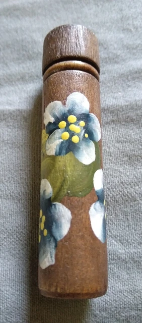 Antique Hand Painted Flowers Wood Needle Case.